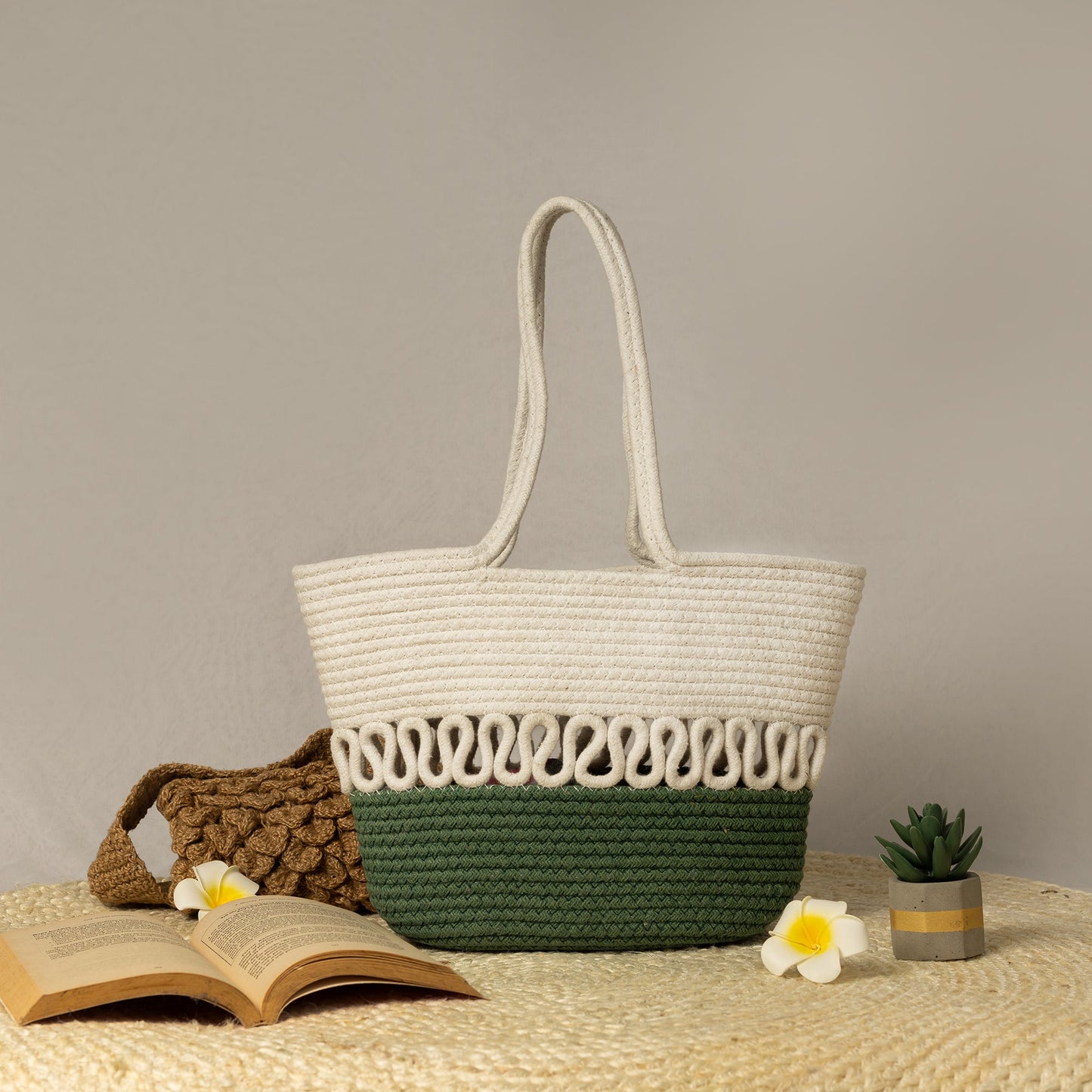 Half White & Bottle Green Cotton Tote Bag - My Store -