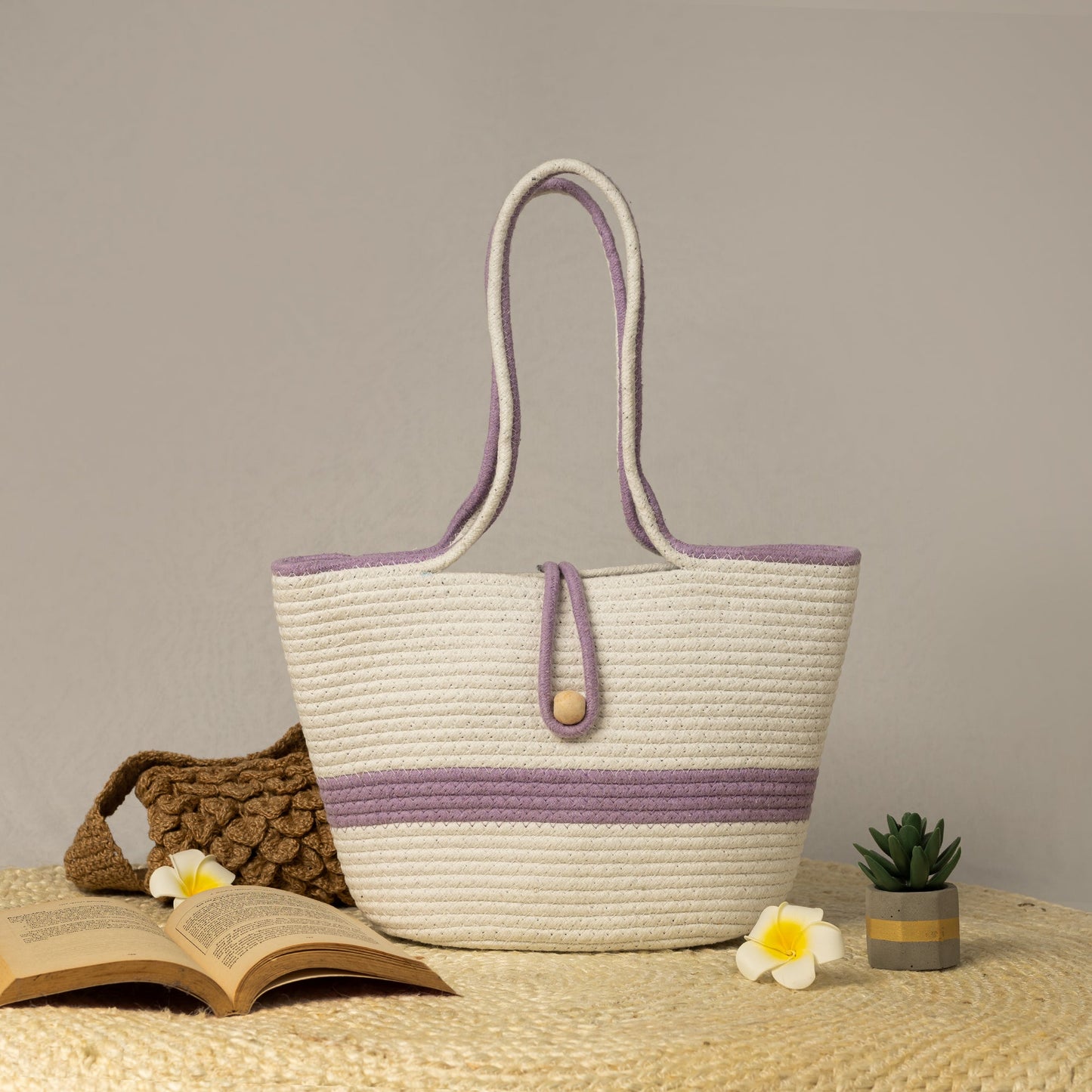 White Cotton Tote with Purple Stripe - My Store -