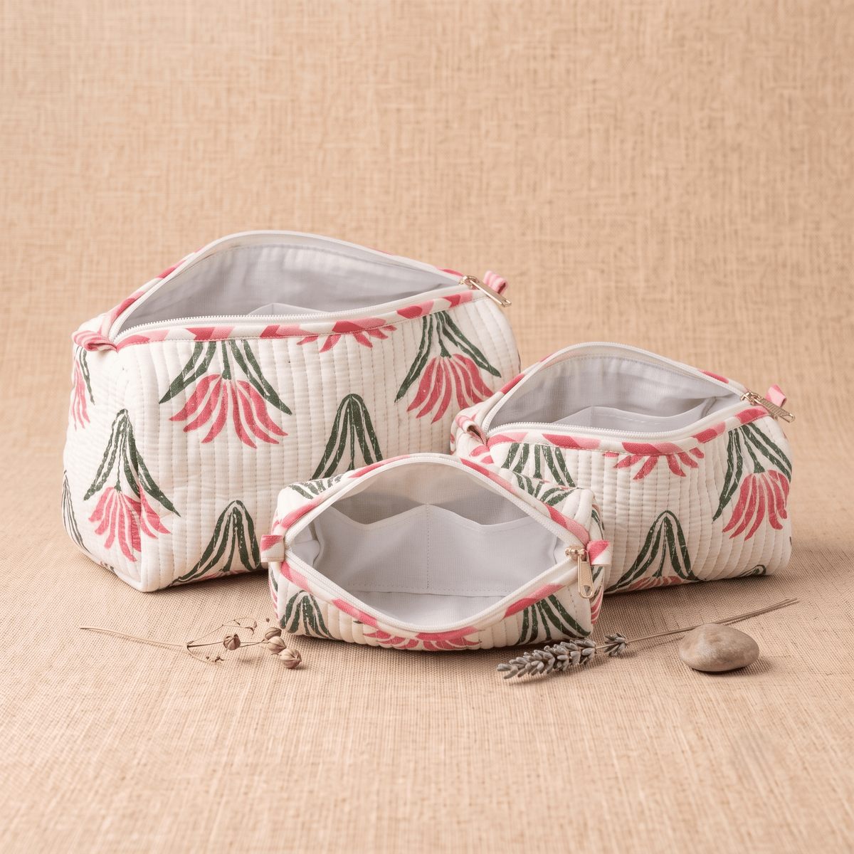 White Floral Hand Block Print Quilted Cotton Utility Pouch - Anantoi -