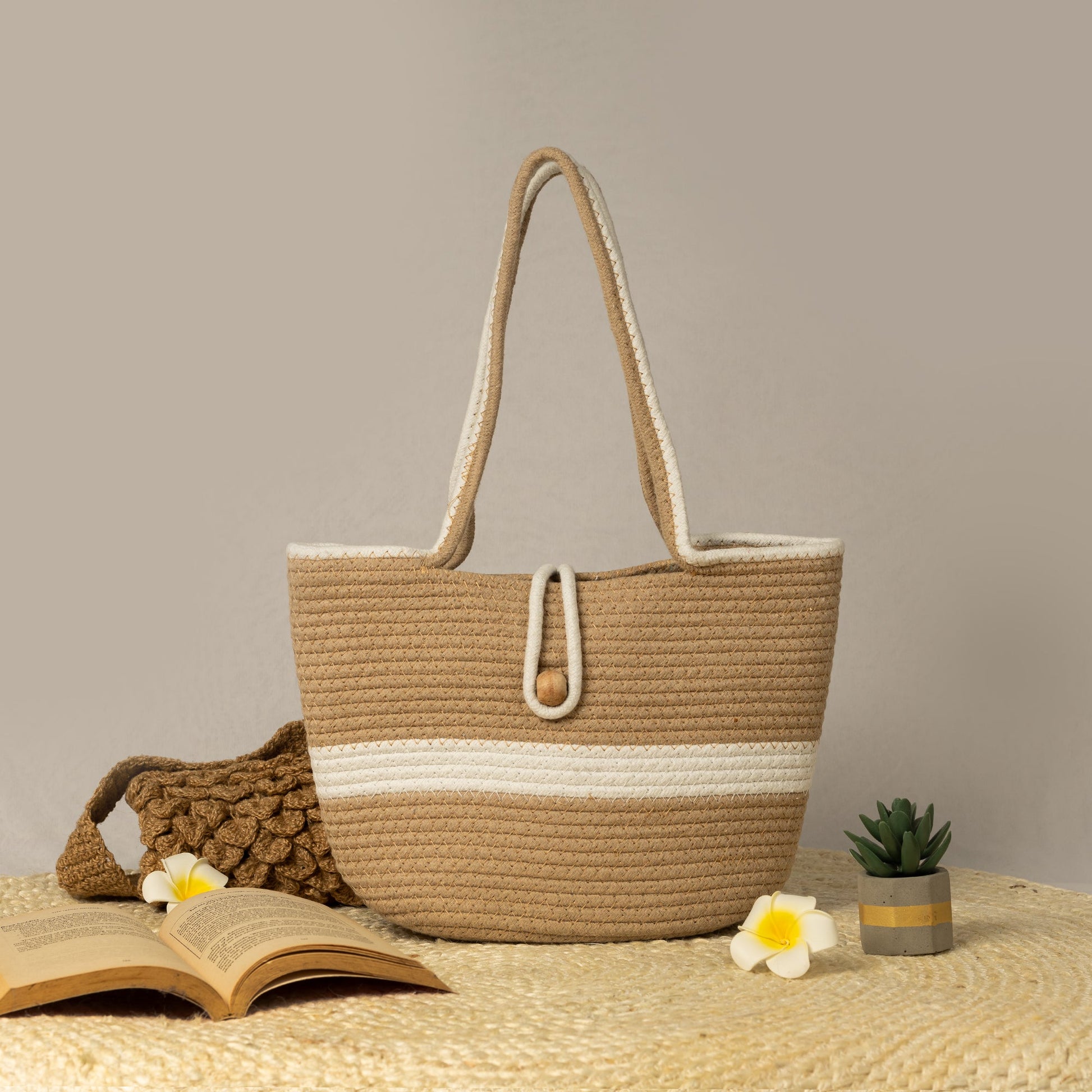 Beige Cotton Tote with White Stripe – Anantoi - Main Image