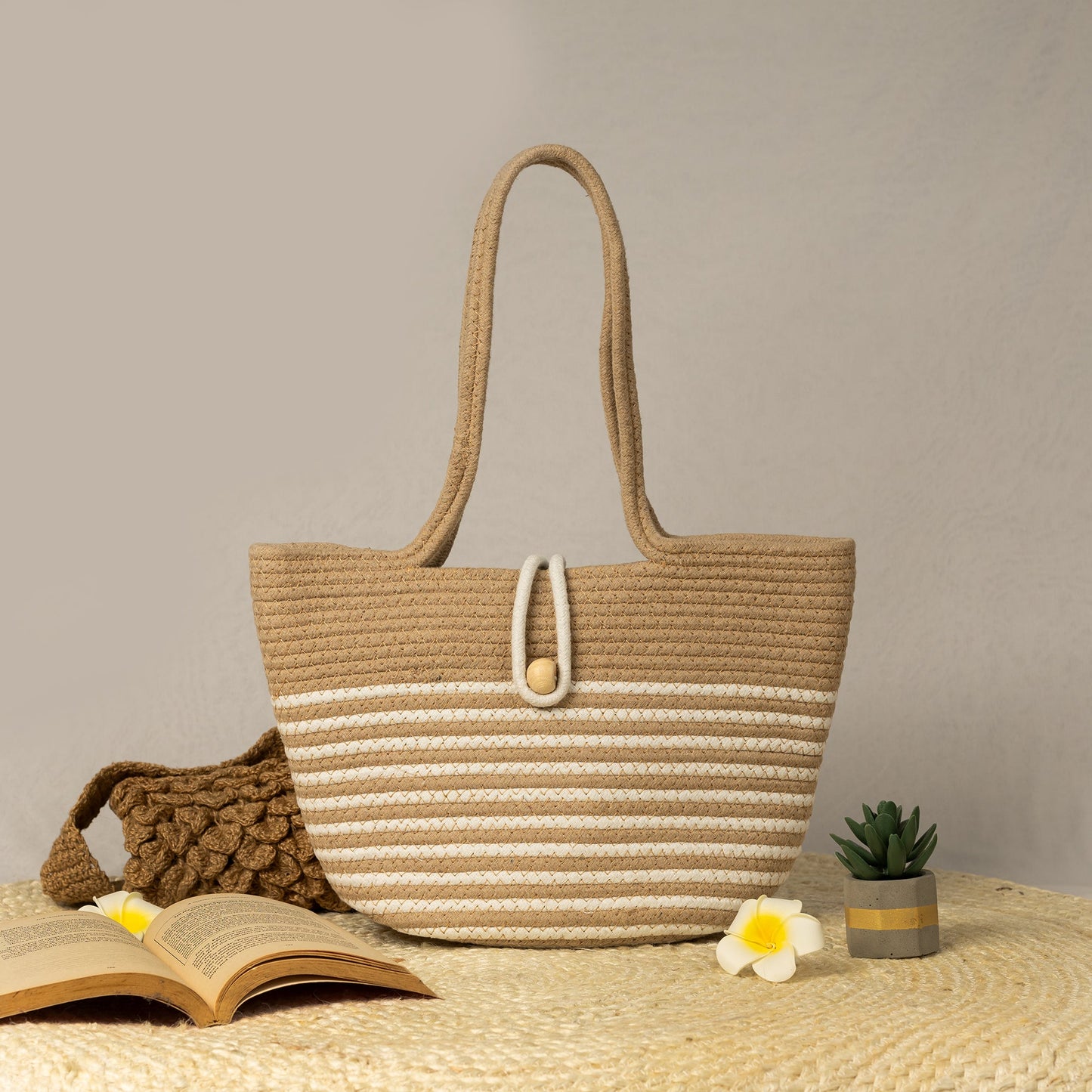 Beige Cotton Tote with White Stripes - My Store - 