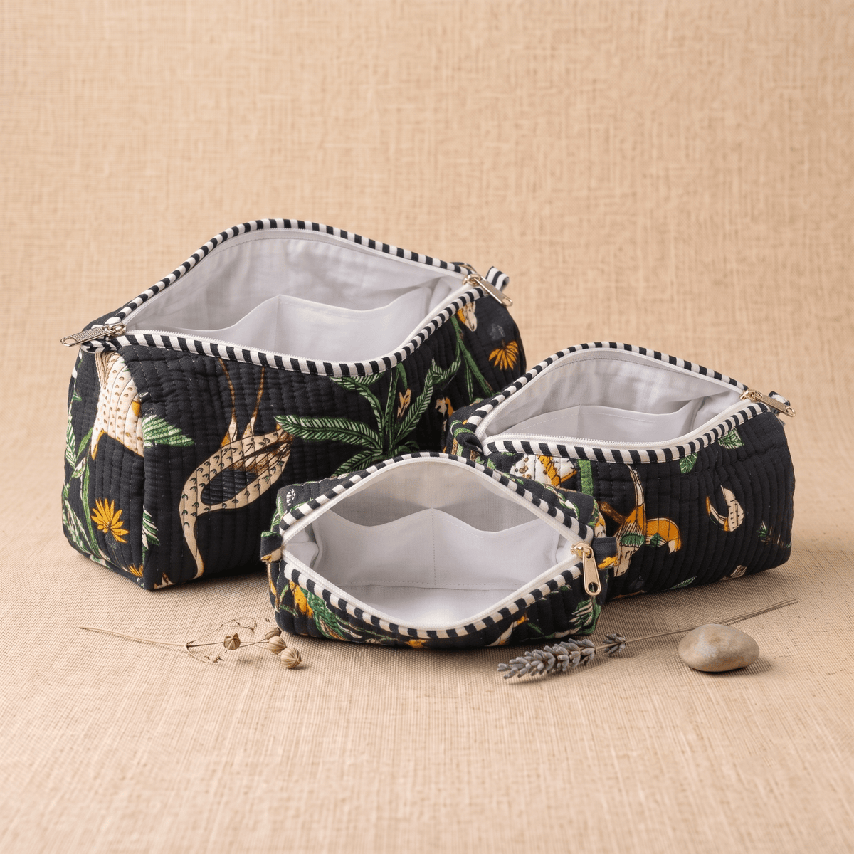 Black Animal Print Quilted Cotton Utility Pouch - Anantoi -