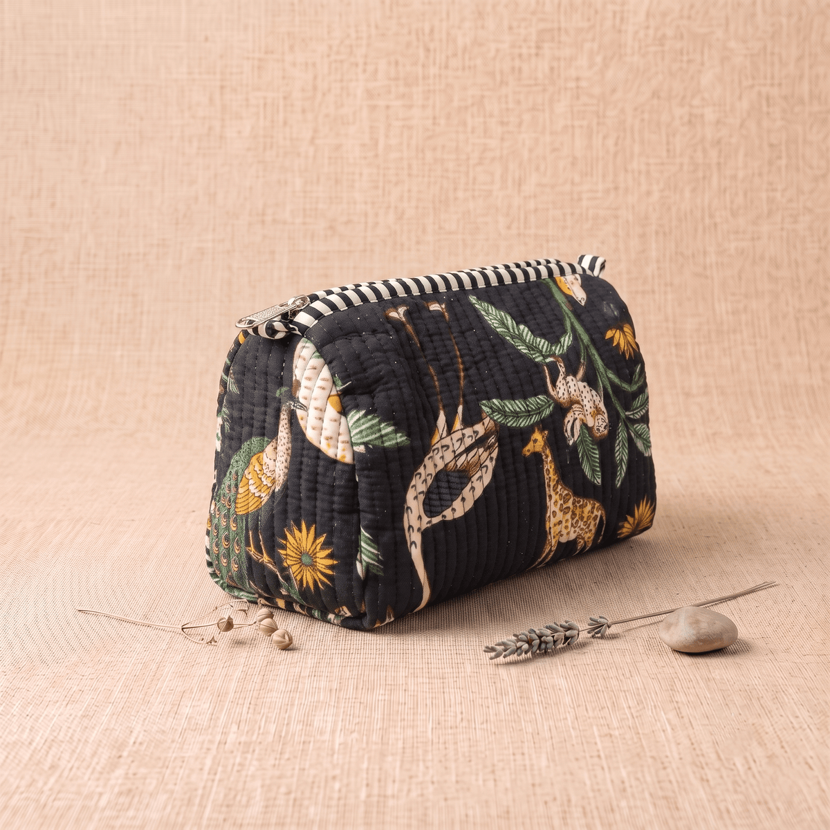 Black Animal Print Quilted Cotton Utility Pouch - Anantoi -