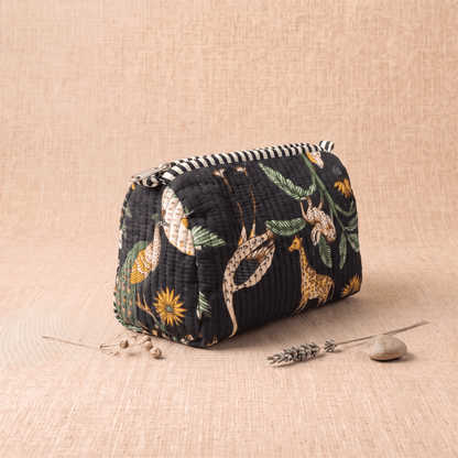 Black Animal Print Quilted Cotton Utility Pouch - Anantoi -