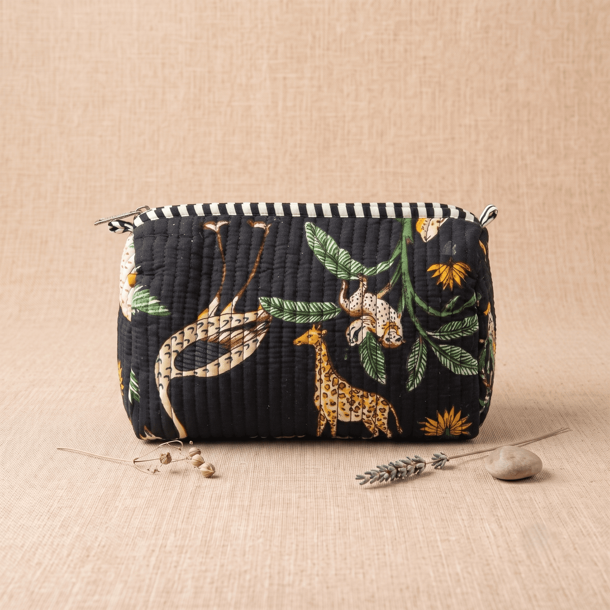 Black Animal Print Quilted Cotton Utility Pouch - Anantoi -