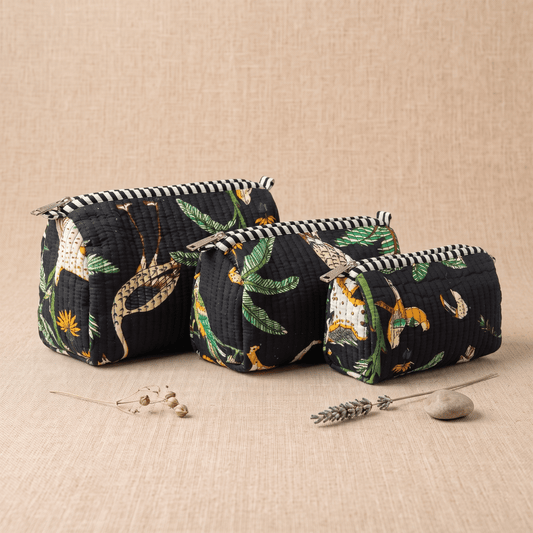 Black Animal Print Quilted Cotton Utility Pouch - Anantoi -