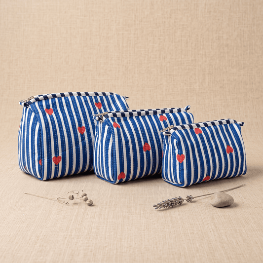 Blue & White Stripe Quilted Cotton Utility Pouch - Anantoi - pouch bag