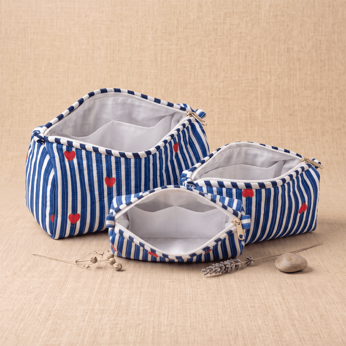 Blue & White Stripe Quilted Cotton Utility Pouch - Anantoi - pouch bag