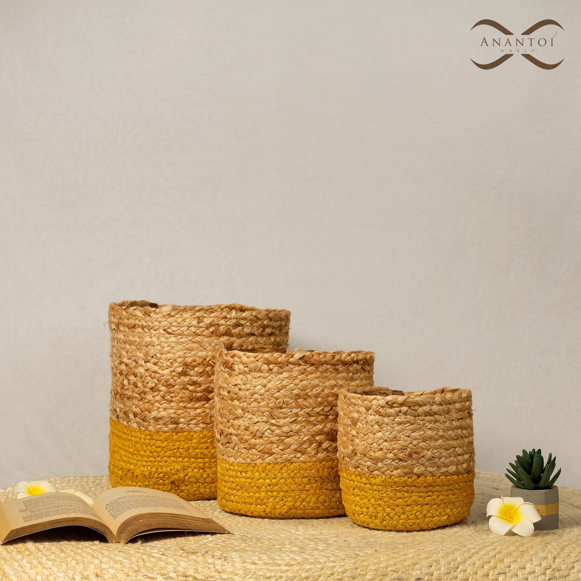 Jute Planter Trio (Beige & Yellow) 3 Sizes - Anantoi - 