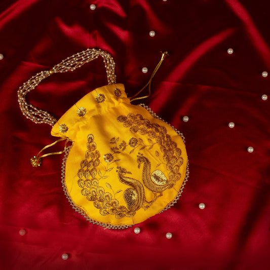 Peacock Glory Yellow Potli Bag - Anantoi - 