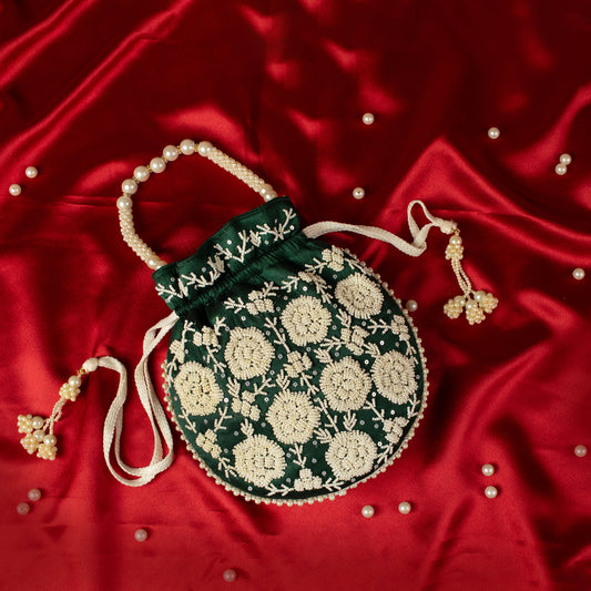 Pearl Bloom Green Potli Bag - Anantoi - 