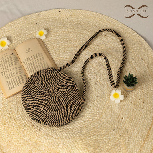 Round Black & Beige Jute Cotton Sling Bag - Anantoi - 