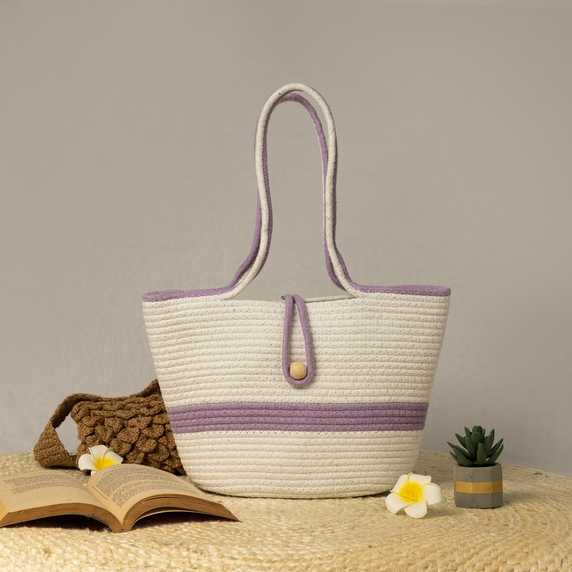 White Cotton Tote with Purple Stripe - My Store - 