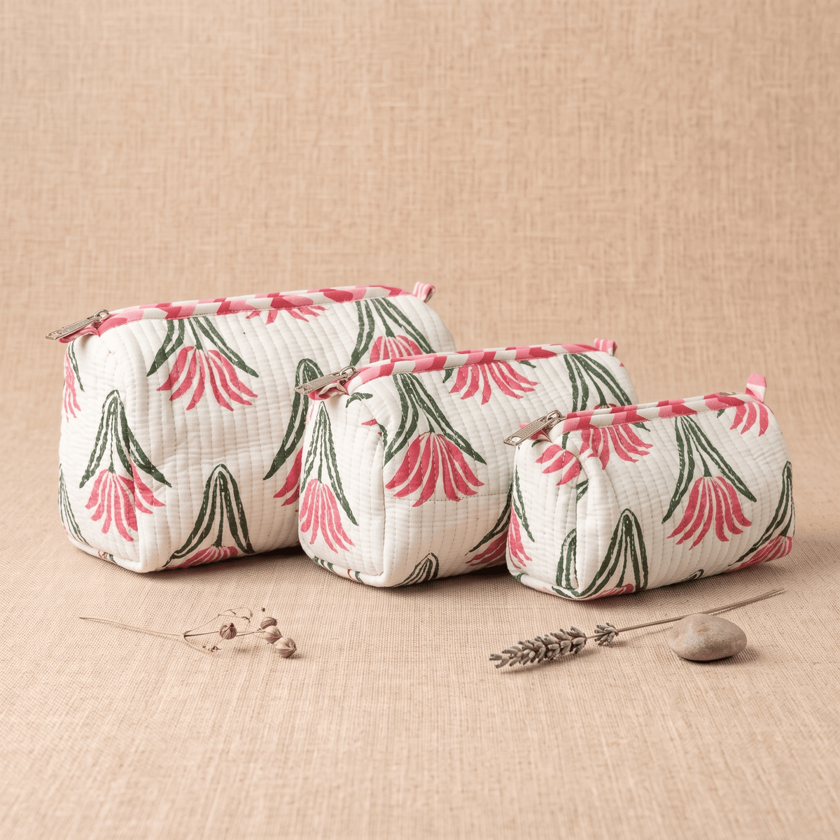 White Floral Hand Block Print Quilted Cotton Utility Pouch - Anantoi -