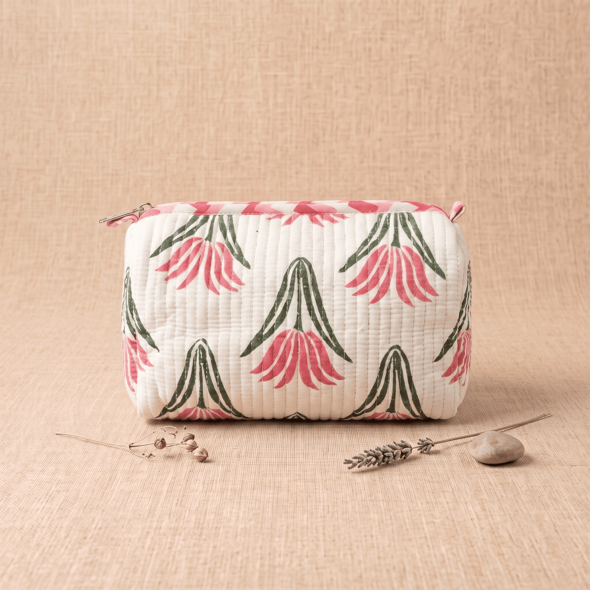 White Floral Hand Block Print Quilted Cotton Utility Pouch - Anantoi -