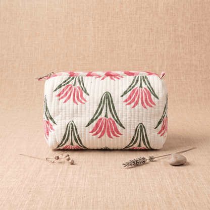 White Floral Hand Block Print Quilted Cotton Utility Pouch - Anantoi -