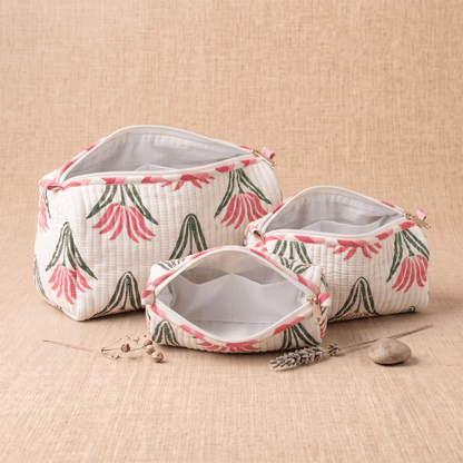 White Floral Hand Block Print Quilted Cotton Utility Pouch - Anantoi -